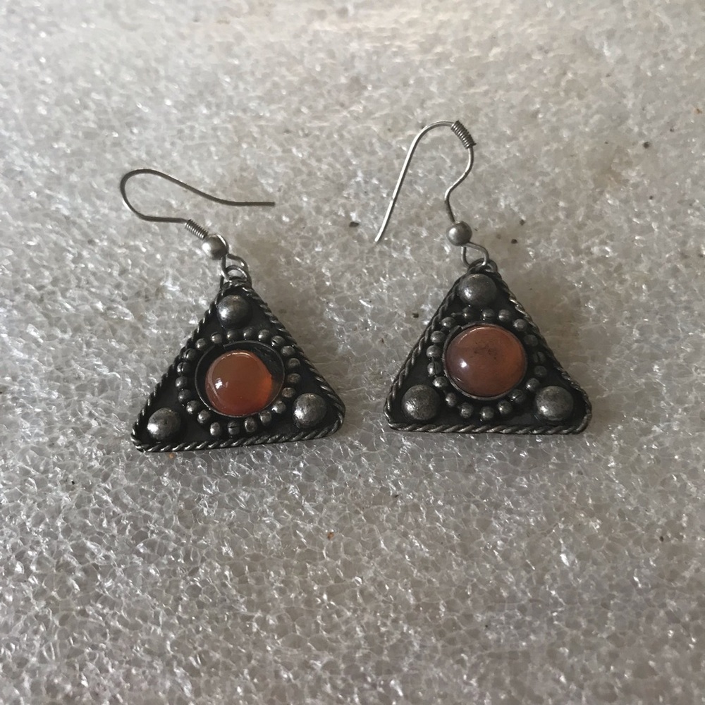 Triangular Silver And Orange Gem Earrings - image 1